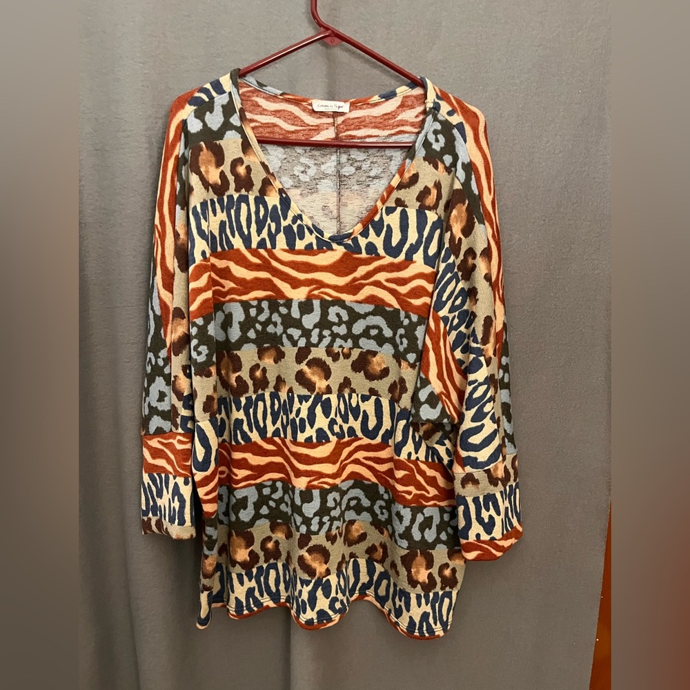 Cream N Sugar Vibrant Animal Print V-Neck Blouse